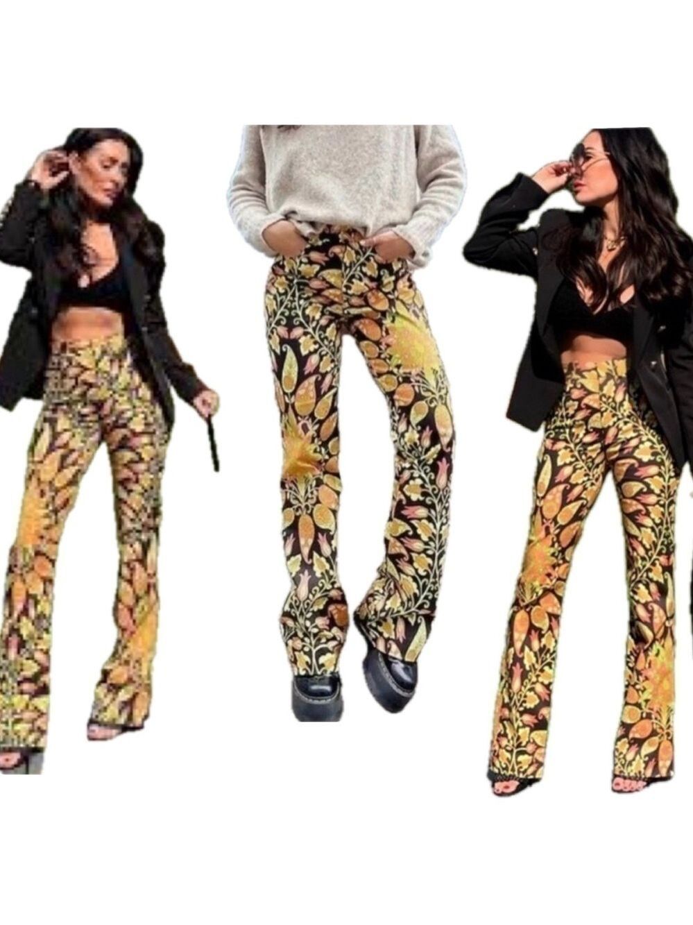 Zara paisley floral flower print pants 70’s yellow black orange Sz XS NWT